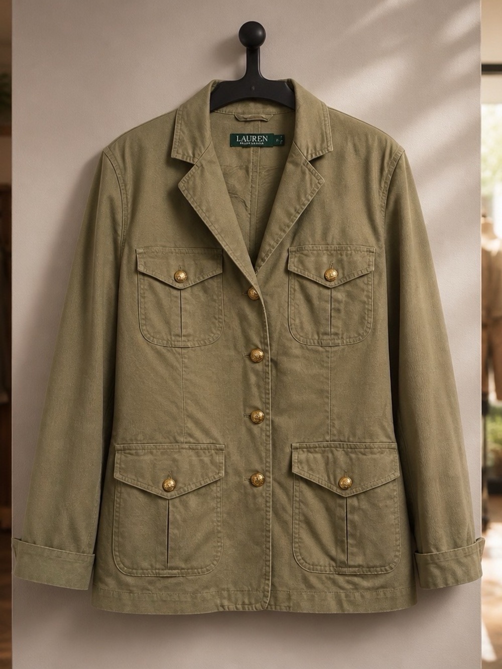 Ralph Lauren Olive Green Cotton Utility Jacket with Gold Buttons